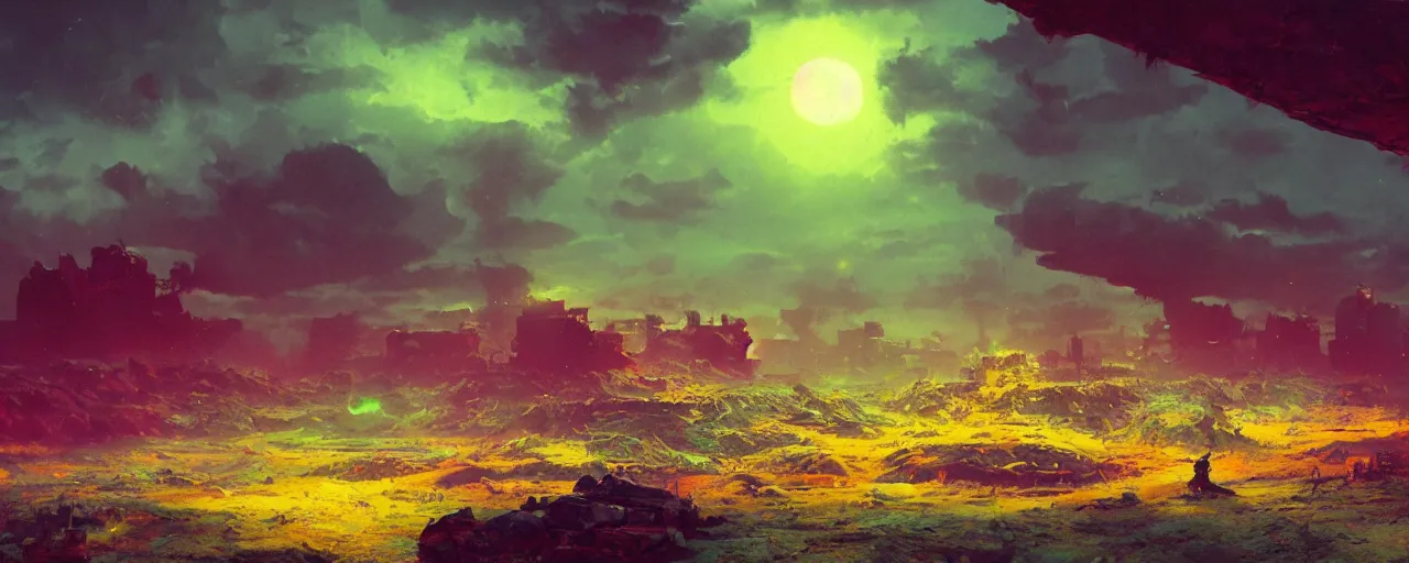 Image similar to ” otherwordly depressing landscape radioactive desolate wasteland, [ cinematic, detailed, epic, widescreen, opening, establishing, mattepainting, photorealistic, realistic textures, octane render, art by paul lehr ] ”