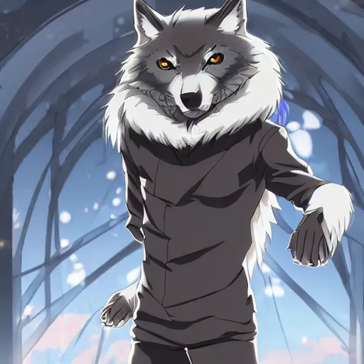 Prompt: key anime visual portrait of a handsome male anthro wolf furry fursona with beautiful eyes, wearing a hoodie, official modern animation
