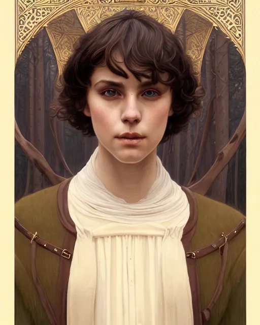 Image similar to symmetry portrait of welsh brunette student in mans tunic, tomboy, short hair, forest, intricate, elegant, highly detailed, digital painting, artstation, concept art, smooth, sharp focus, illustration, art by artgerm and greg rutkowski and fra angelico and alphons mucha