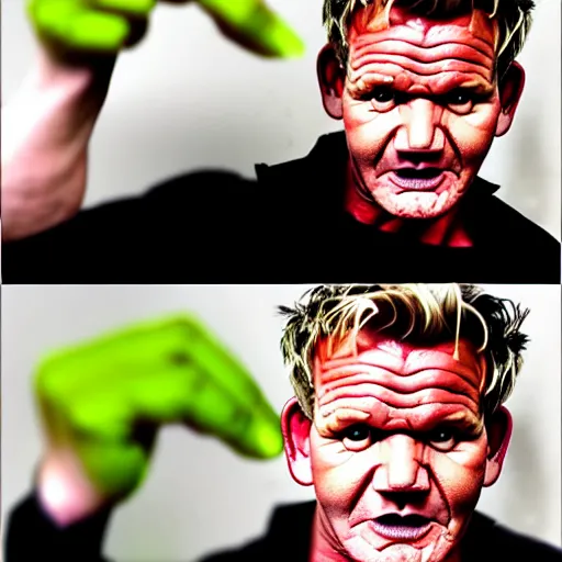 Image similar to Gordon Ramsay transforms into the Hulk