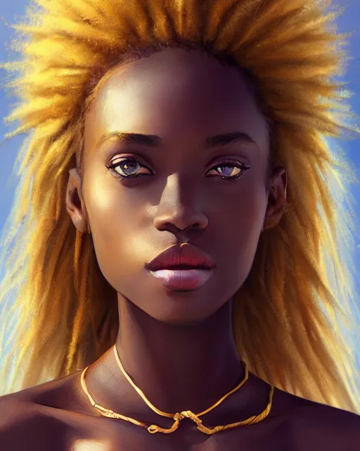 Image similar to portrait of a beautiful african girl, flowy blonde hair, cinematic lighting, highly detailed, digital painting, trending on artstation, pixiv, concept art, sharp focus, illustration, art by ross tran and wlop