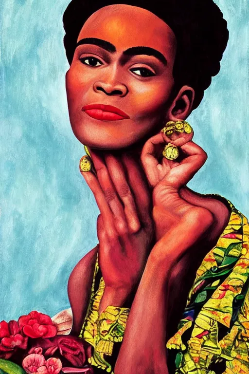 Image similar to Whitney Houston in Frida kahlo painting style