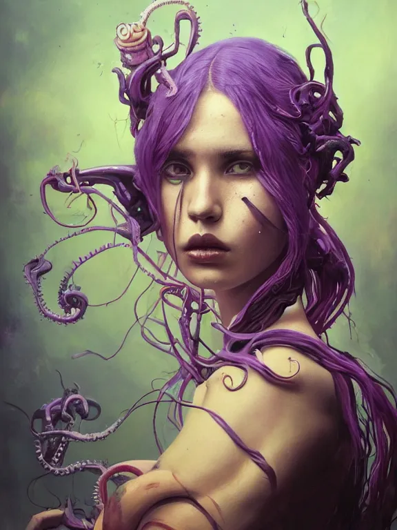 Prompt: art portrait of a furious girl with purple tentacles on her head,8k,by tristan eaton, Stanley Artgermm,Tom Bagshaw,Greg Rutkowski,Carne Griffiths,trending on DeviantArt,face enhance,hyper detailed,minimalist,cybernetic, ,full of colour