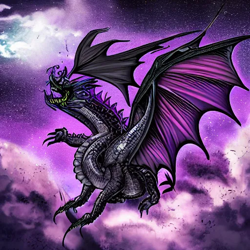 Prompt: a huge black and purple dragon, flying over a city, breathing purple fire