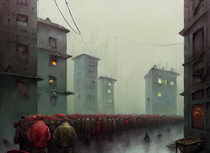 Prompt: waiting in line for cold soup by simon stalenhag and tom bagshaw marc simonetti and quint buchholz, slums, highly detailed, hyperrealism, dreary, cold, cloudy, grey, smog, high contrast, solarpunk