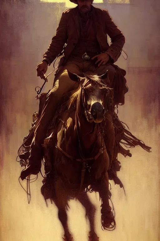 Image similar to hyperrealist portrait of a cowboy driving a stage coach by jeremy mann and alphonse mucha, fantasy art, photo realistic, dynamic lighting, artstation, poster, volumetric lighting, very detailed faces, 4 k, award winning