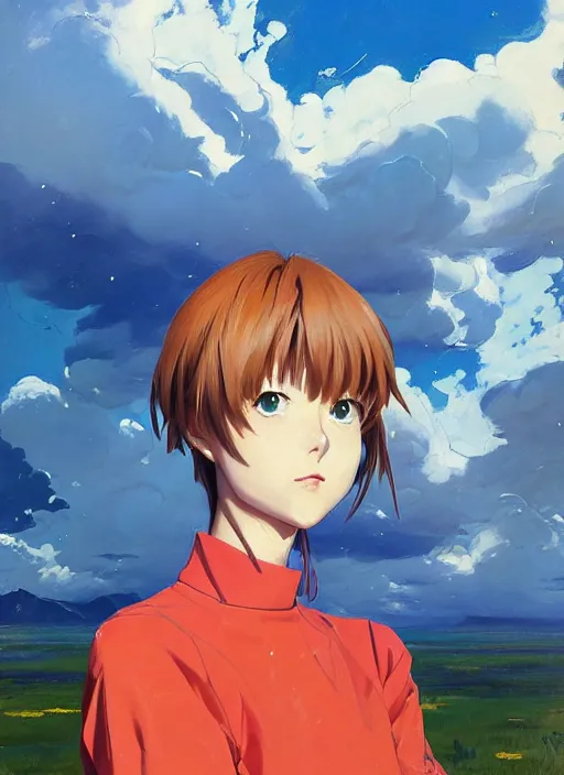 Prompt: portrait of Asuka Soryu Langley from Neon Genesis Evangelion enjoying her vacation, countryside, calm, fantasy character portrait, dynamic pose, above view, sunny day, thunder clouds in the sky, artwork by Jeremy Lipkin and Giuseppe Dangelico Pino and Michael Garmash and Rob Rey, very coherent asymmetrical artwork, sharp edges, perfect face, simple form, 100mm