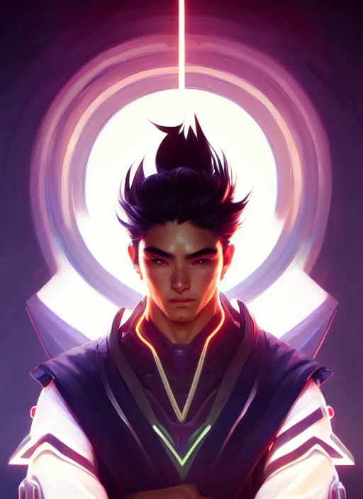 Image similar to symmetry!! portrait of yasuo, league of legends, tech wear, glowing lights!! intricate, elegant, highly detailed, digital painting, artstation, concept art, smooth, sharp focus, illustration, art by artgerm and greg rutkowski and alphonse mucha