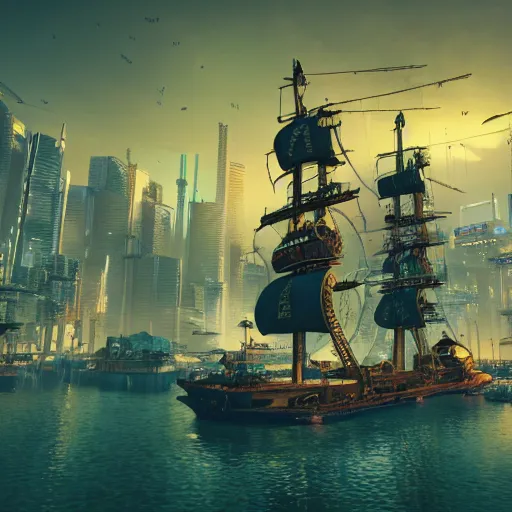 Image similar to high quality photo of a pirate ship in a cyberpunk cyberpunk cyberpunk city, realism, 8k, award winning photo