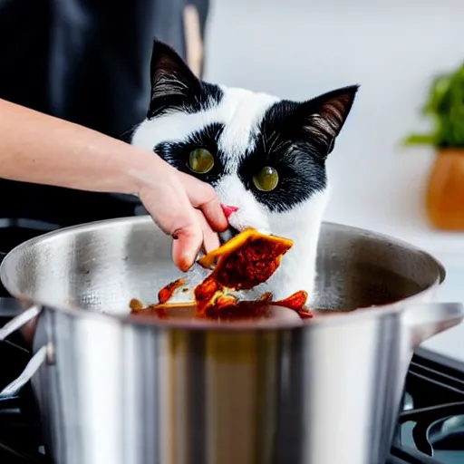 Prompt: photo of ugly black and white exotic shorthair cat cooking a pot of chili in a modern kitchen