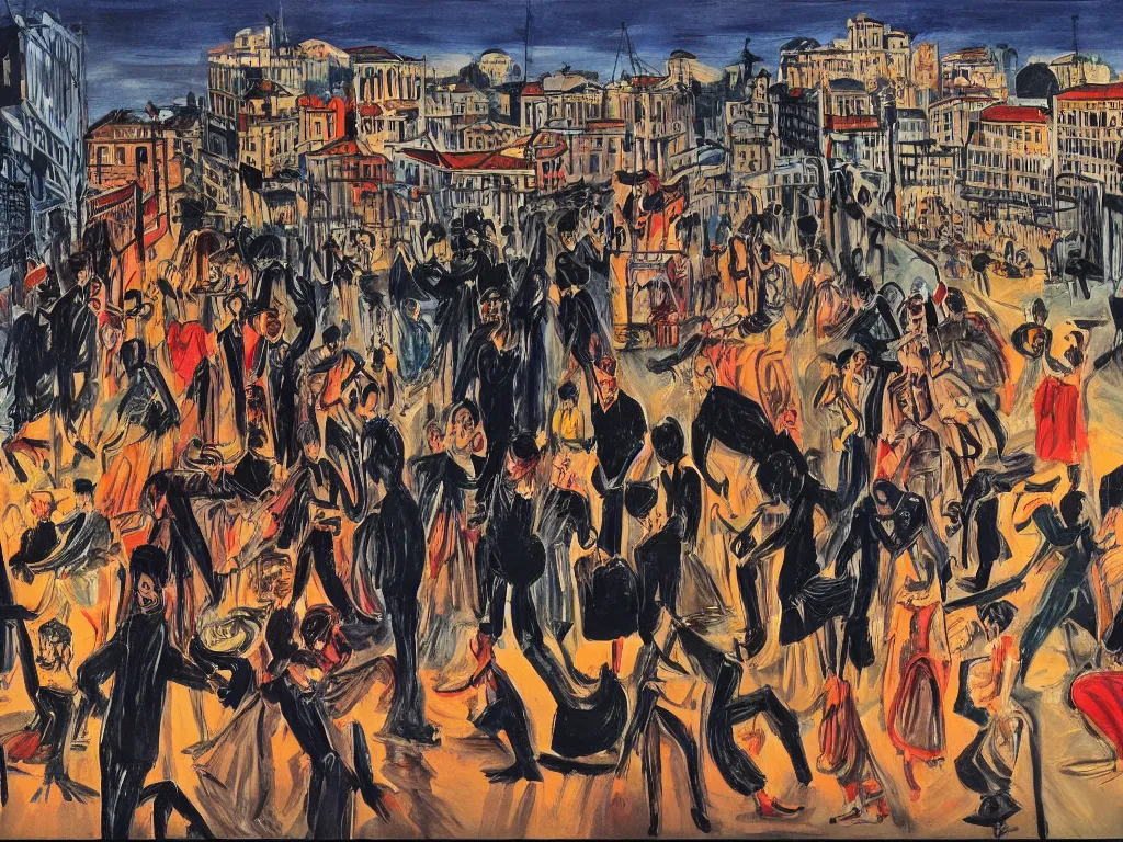 Image similar to nightlife in lisbon, feminist view, lisbon city at night, art in the style of paula rego