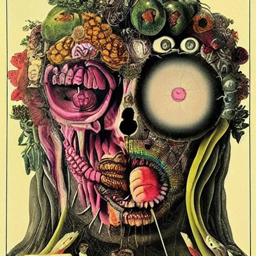 Image similar to post - punk new age album cover, magic, apocalypse, psychedelic, black white pink, magic, giger h. r., giuseppe arcimboldo