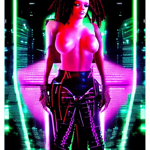 Image similar to rihanna as cyberpunk goddess in neon city