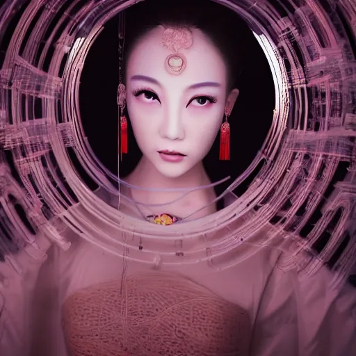 Prompt: photo shoot pose photo of beautiful realistic Chinese ancient princess standing in the corridor in the space ship, attractive symmetrical face, big eyes and lips, subtle makeup, clean face and body skin,ecstatic face expression, ornamental jewelry and ancient translucent clothes, futuristic space ship interrior, wires with lights,depth of field, lens flare, moody lighting, moody photography, old photo, black and white, sepia, cinematic lighting, cinematic angle, editorial photography
