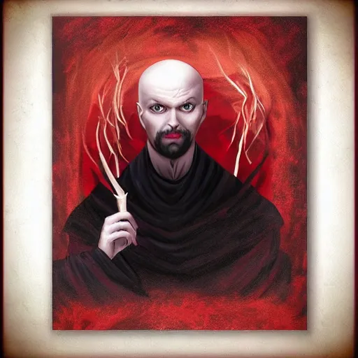 Image similar to d & d painting portrait necromancer man with bald head, red eyes, pallid skin, long flowing black and red robes. in style of leonardo davinci