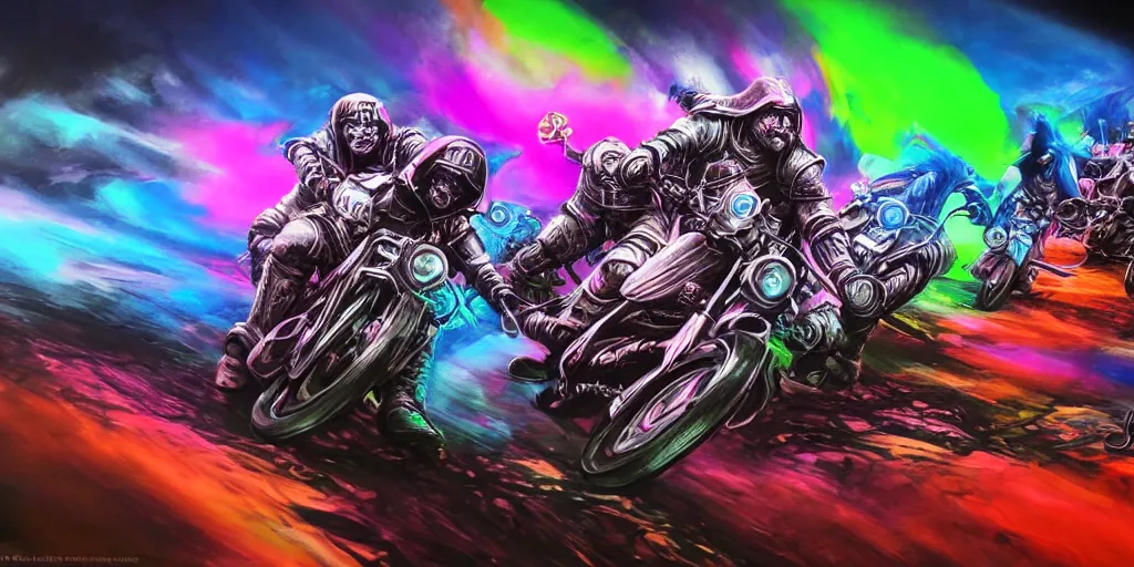 Prompt: psychedelic blacklight neon airbrush artwork, motorcycles, hyper stylized cinematic action shot of orcs in battle armor racing on motorcycles, menacing orcs, drifting, skidding, wheelie, clear focused details, soft airbrushed artwork, black background, post apocalypse, cgsociety, artstation