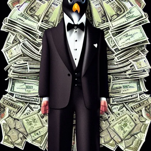 Prompt: Picture of a penguin wearing a suit with a stack of money, drug lord, hair, godfather, symmetrical, dark environment, smoke, realistic, highly detailed, digital art, trending on artstation,