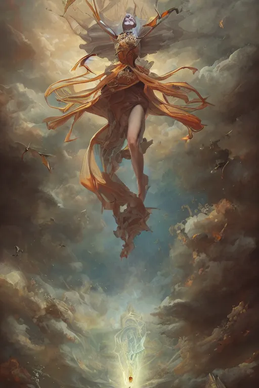 Image similar to sorceress falling through the sky, by peter mohrbacher, artgerm, karol bak, loish, ayami kojima, james stokoe, highly detailed, ultra detailed, ultra realistic, trending on artstation