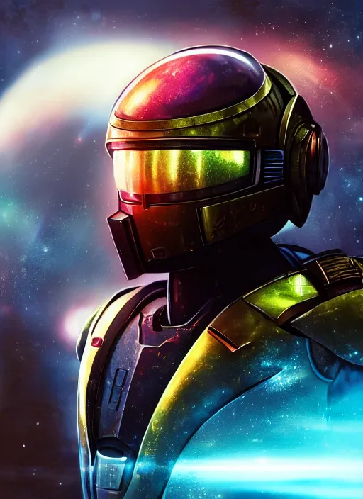 Prompt: Robot Suit, Samus Aran, Space Background, Bust, Concept Art, Helmet, Dredd, Karl Urban, Sylvester Stallone, Profile, High Detail, 2D art, Artstation, Neon lights, Sci-fi, Space suit, Luis Nieves Sr, Makoto Kano, Metroid