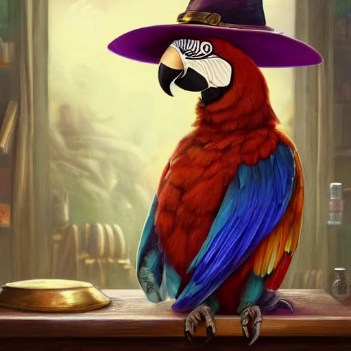 Image similar to Anthropomorphized parrot trader in his shop, shelves full, selling a gem, portrait, items, magic potions, window, warm lamp, fancy hat, sly expression , cunning expression, cute expression, presenting magic gem, D&D, fantasy, cinematic lighting, highly detailed, digital painting, artstation, concept art, smooth, sharp focus, illustration, warm light, cozy warm tint, magic the gathering artwork, volumetric lighting, 8k, no gold, no gold colours, art by Akihiko Yoshida, Greg Rutkowski