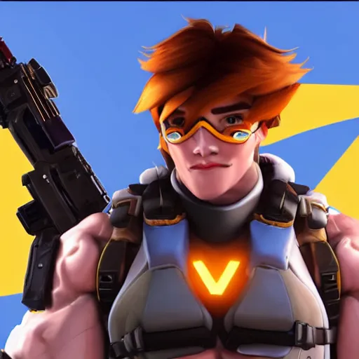 Image similar to a screenshot of arnold schwarzenegger as tracer in overwatch