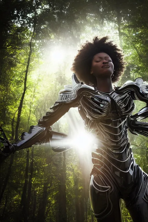 Image similar to hyperrealistic very beautiful black woman highly detailed exoskeleton armor in a forest sun behind her god rays concept art eric zener elson peter dramatic light low angle hd 8k sharp focus