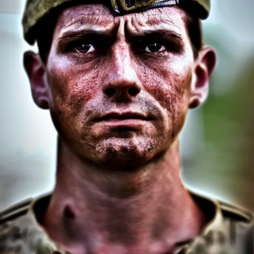 Prompt: soldier!!!!! portrait!!!!! pain, eyes, shoulders, sadness, soft focus, photography