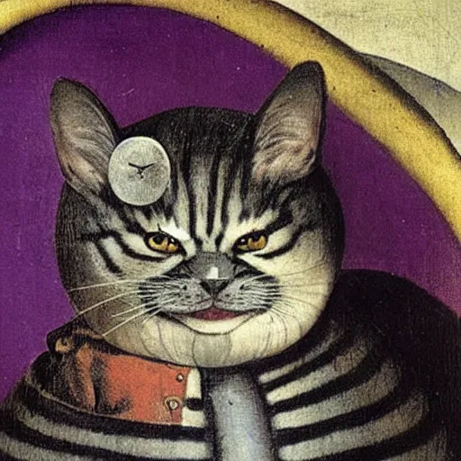 Image similar to stunning portrait of the purple striped cat of cheshire with a malicious smile by hieronymus bosch