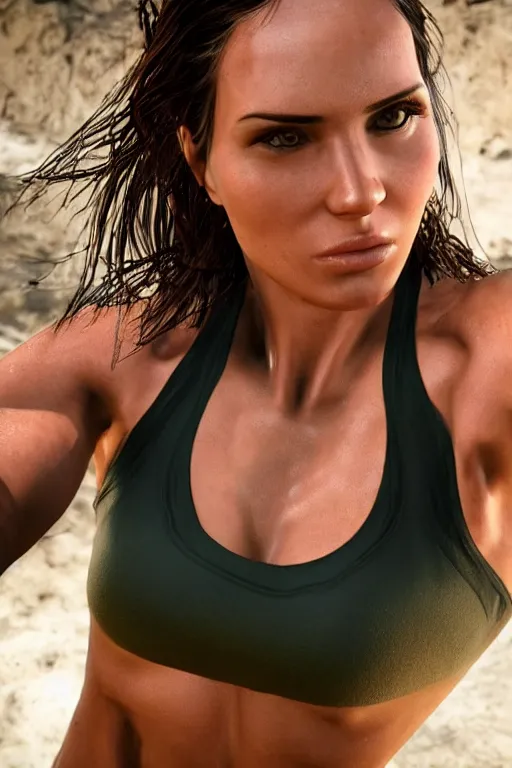 Image similar to olive skinned lara croft model in her twenties, wearing a low cut sport gym, sweat, looking content, focused on her neck, photo realistic, extreme detail skin, natural beauty, no filter, slr, golden hour, 4 k, high definition, selfie