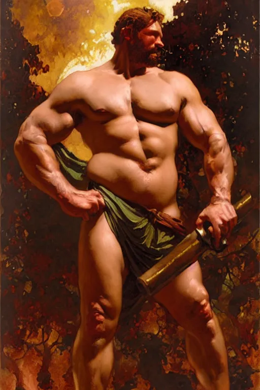 Prompt: muscular hephaestus working at his forge painting by gaston bussiere, craig mullins, j. c. leyendecker, tom of finland