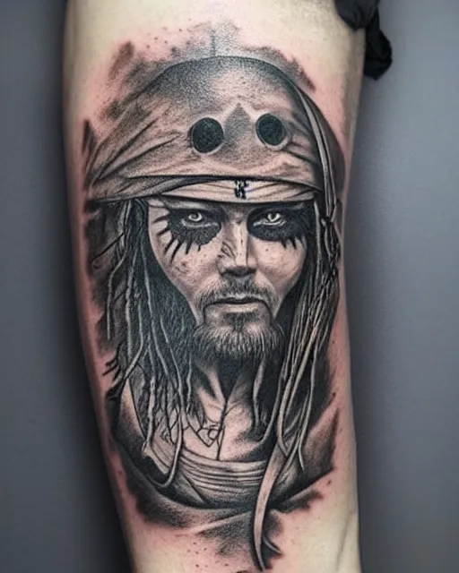 Image similar to pirate ship on a deserted island blended with a warrior warrior face, realism tattoo drawing, hyper realistic, shaded