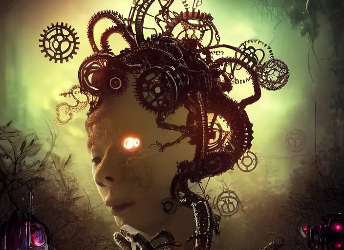 Image similar to silhouette of an intricate mechanical fairy with visible gears having tea with a cyborg gorgon medusa in a magical forest. Very detailed 8k. Fantasy cyberpunk horror. Sharp. Cinematic post-processing