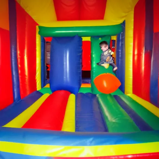 Image similar to a darkly lit indoor children's bounce house photo taken with a deposable camera limital space