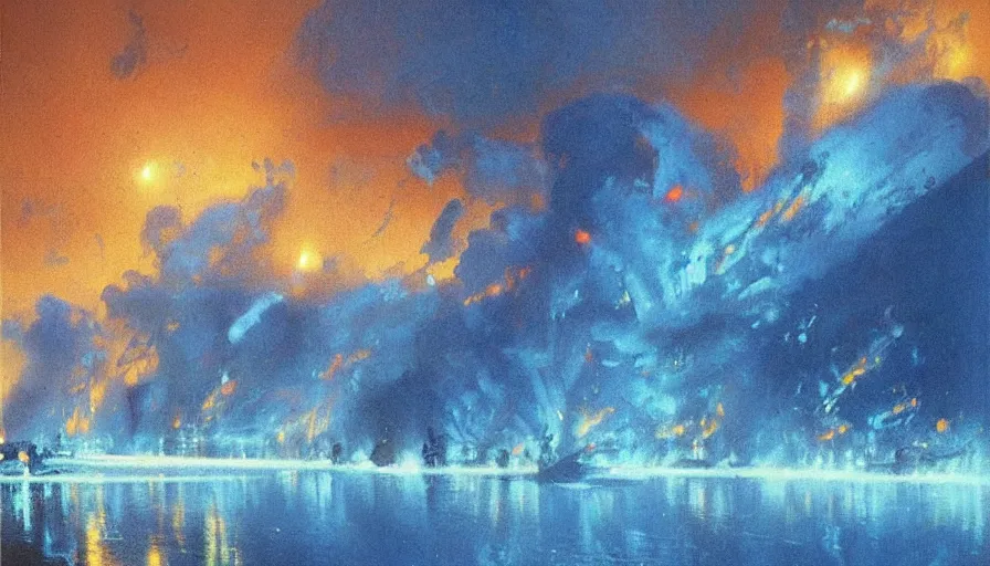 Prompt: river of blue fire, intricate detailed painting, john harris