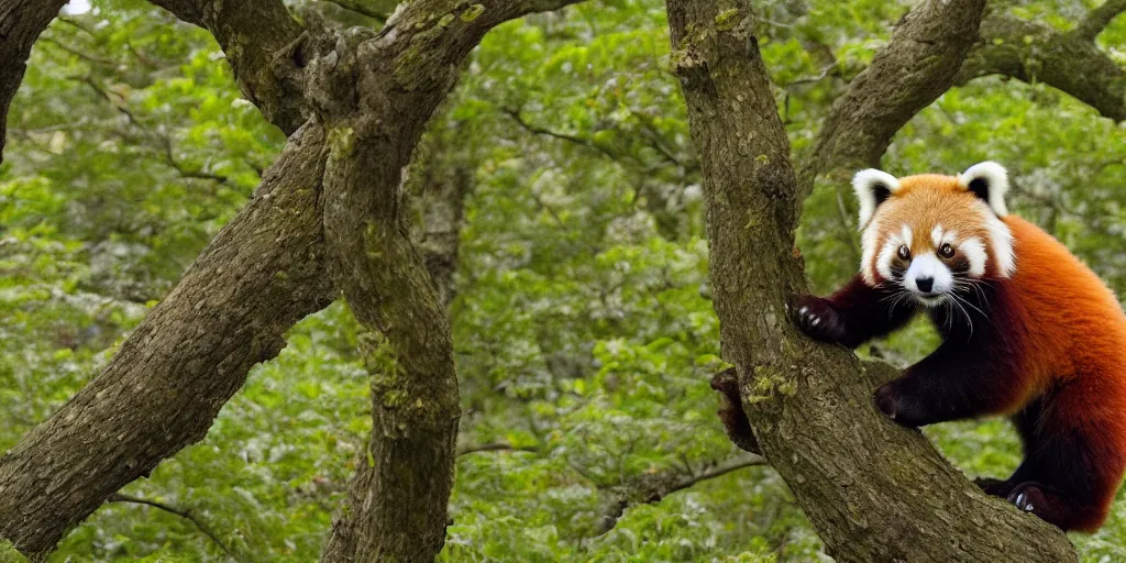 Prompt: a red panda in a serene forest, cherry trees Japanese forest, beautiful landscape