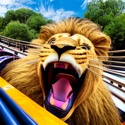 Prompt: selfie of an excited lion riding a roller - coaster, wide angle, highly - detailed realistic