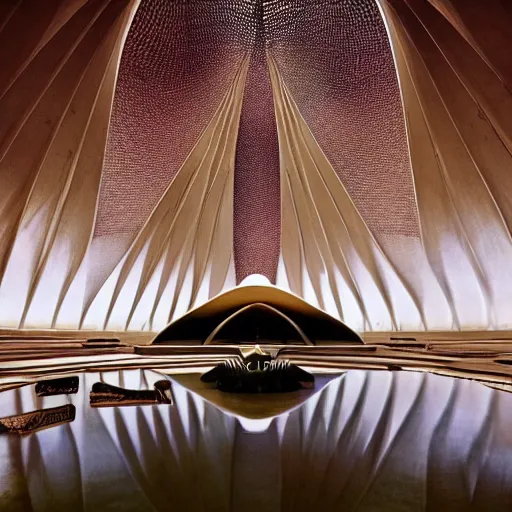 Image similar to eerie dark interior of a futuristic lotus temple with gold, red and white marble panels, shafts of sunlight in the centre, in the desert, by buckminster fuller and syd mead, intricate contemporary architecture with art nouveau motifs, photo journalism, photography, cinematic, national geographic photoshoot