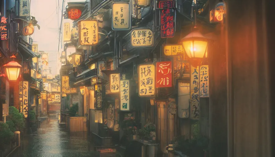 Image similar to A film still from a 1990s Sailor Moon cartoon featuring a moody street in Japan with a waterfall and lanterns, lofi aesthetic, golden hour, cinematic look, film grain, high detail, high resolution, 8k