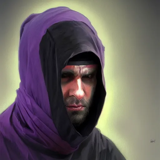 Image similar to ultra realistic illustration, man in a black hood, in a striped purple balaclava, mysterious, highly detailed, digital painting, artstation, concept art, smooth, sharp focus, illustration, art by artgerm and greg rutkowski and alphonse mucha