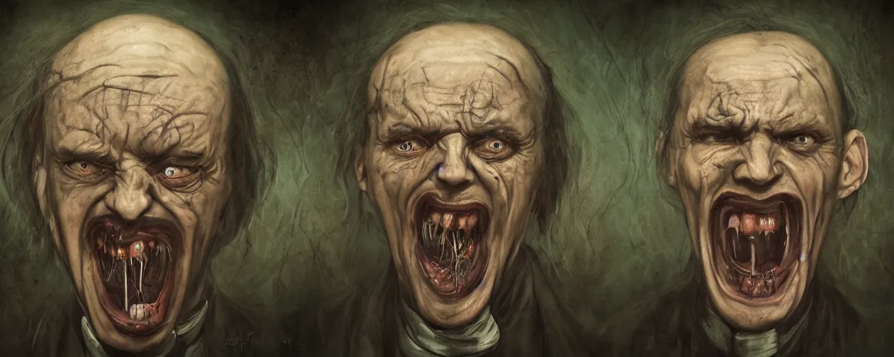 Image similar to vintage color footage exaggerated sombre exorcism scared priest by joshua hoffine, wide open mouth in terror by alex stoddard, crying figures inside mental hospital portrait by belinski giger, artstationhq iamag