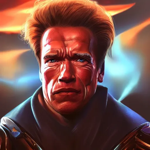 Image similar to a screenshot of arnold schwarzenegger as reinhardtin overwatch, portrait, fantasy, beautiful face, vivid colors, elegant, concept art, sharp focus, digital art, hyper - realistic, 4 k, unreal engine, highly detailed, hd, dramatic lighting by brom, trending on artstation