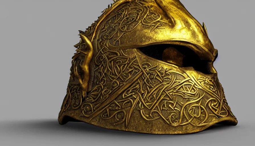 Image similar to viking dragon helmet, made from gold, photorealistic render