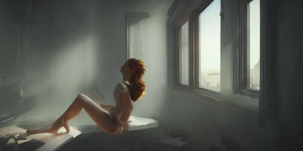Prompt: the girl on a windowsill, hyper realistic, hyper detailed, epic lighting, cinematic, dynamic volumetric lighting, raytracing, 8 k, glowing lights, wide shot, reality, ultrarealism