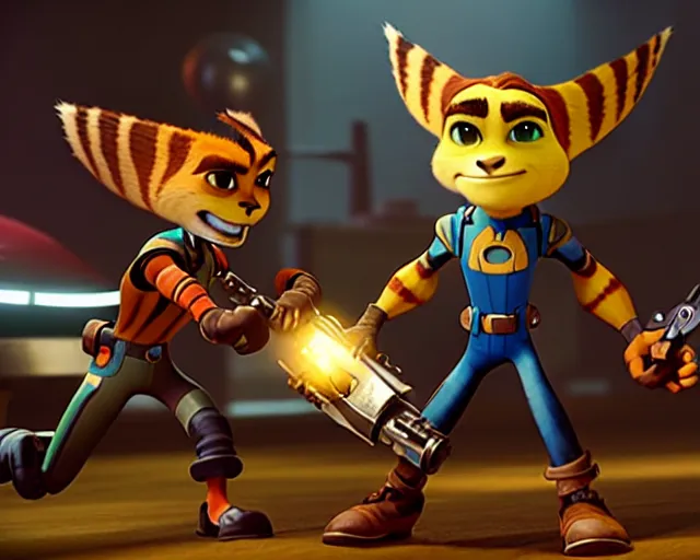 Image similar to film still of ratchet and clank with a hatchet in the new horror movie