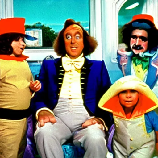 Image similar to willy wonka is sick in the hospital, oompa loompas dace around his bed, vacation photo, 8 0 s film