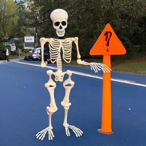 Prompt: a skeleton wearing a blue spendex suit with traffic - cones for hands