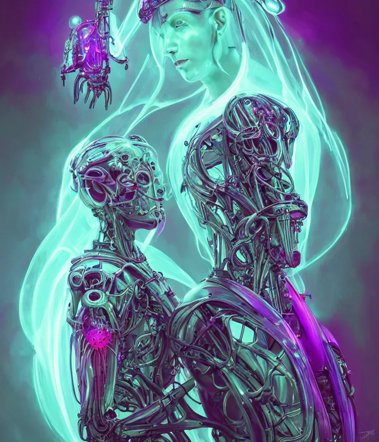 Image similar to fully symmetrical centered iridescent portrait of a beautiful princess in robe. artificial muscles, ribcage, bones, hard surface modelling. cyberpunk look. biomechanical mask. bio luminescent biomechanical halo around head. neon jellyfish. artwork by jarold Sng by artgerm, by Eddie Mendoza, by Peter mohrbacher by tooth wu, unreal engine, octane render, cinematic light, high details, iridescent colors, dichroic, macro, depth of field, blur