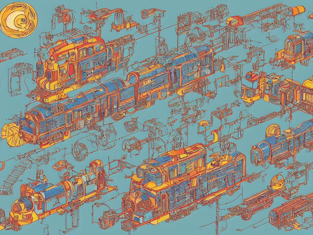 Image similar to colorful blueprint sideview of a anime train, illustration, concept art, autumn light, colorful, beautiful, studio ghibli, hayao miyazaki, takashi murakami, manga, cute and adorable