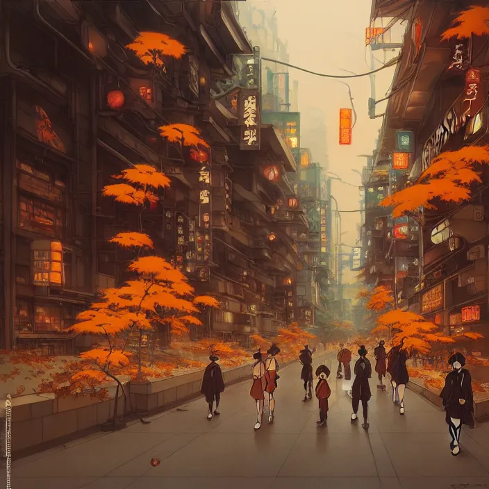 Image similar to empty tokyo, autumn, in the style of studio ghibli, j. c. leyendecker, greg rutkowski, artem