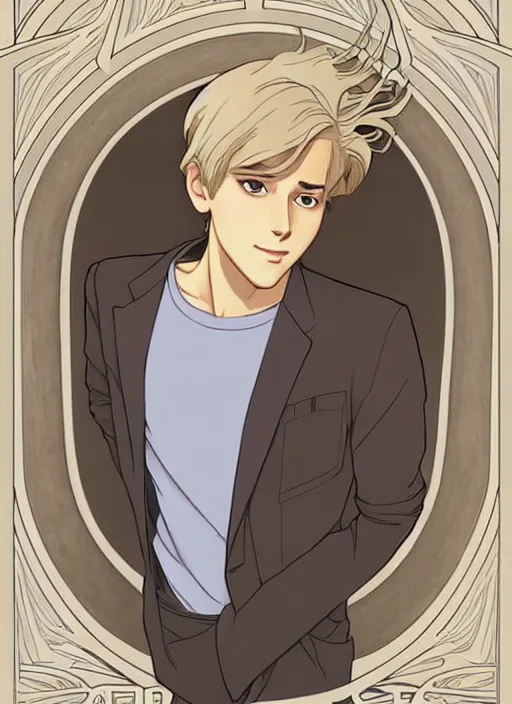 Image similar to art nouveau portrait of a young man with short, ash blond greyish hair, light brown eyes, casual clothing, t - shirt, modern clothing, natural lighting, path traced, highly detailed, high quality, cartoon, digital painting, by don bluth and ross tran and studio ghibli and alphonse mucha